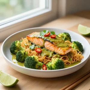 Step by step Gooey Thai Green Curry Braised Salmon & Crispy Broccoli Noodle Bake: One-Pan Meal Prep Magic!