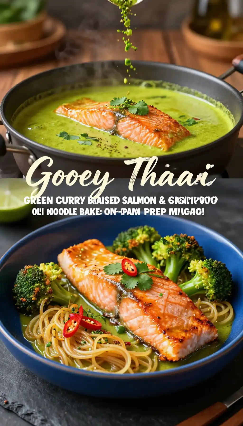 Gooey Thai Green Curry Braised Salmon & Crispy Broccoli Noodle Bake: One-Pan Meal Prep Magic! pinterest pin