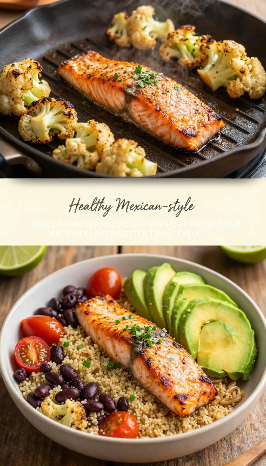 Healthy Mexican-style grilled salmon and cauliflower power bowls for easy meal prep, better than takeout.