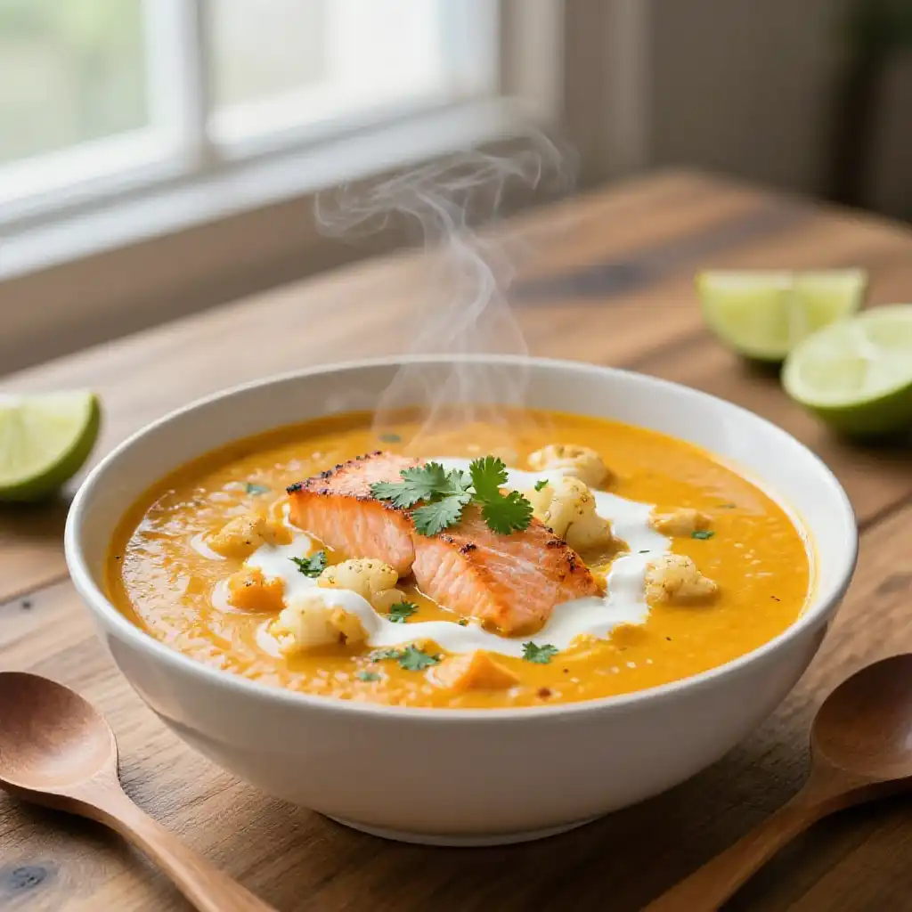 Indian-Spiced One-Pot Salmon & Cauliflower Soup plated dish