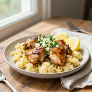 Step by step Instagram-Famous Braised Mediterranean Chicken Thighs Cauliflower Pasta One-Pan Meal Prep