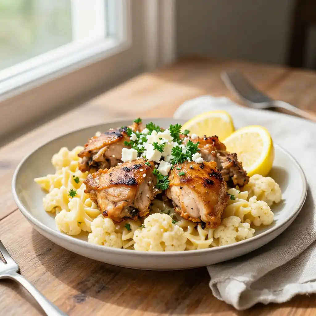 Instagram-Famous Braised Mediterranean Chicken Thighs Cauliflower Pasta One-Pan Meal Prep plated dish