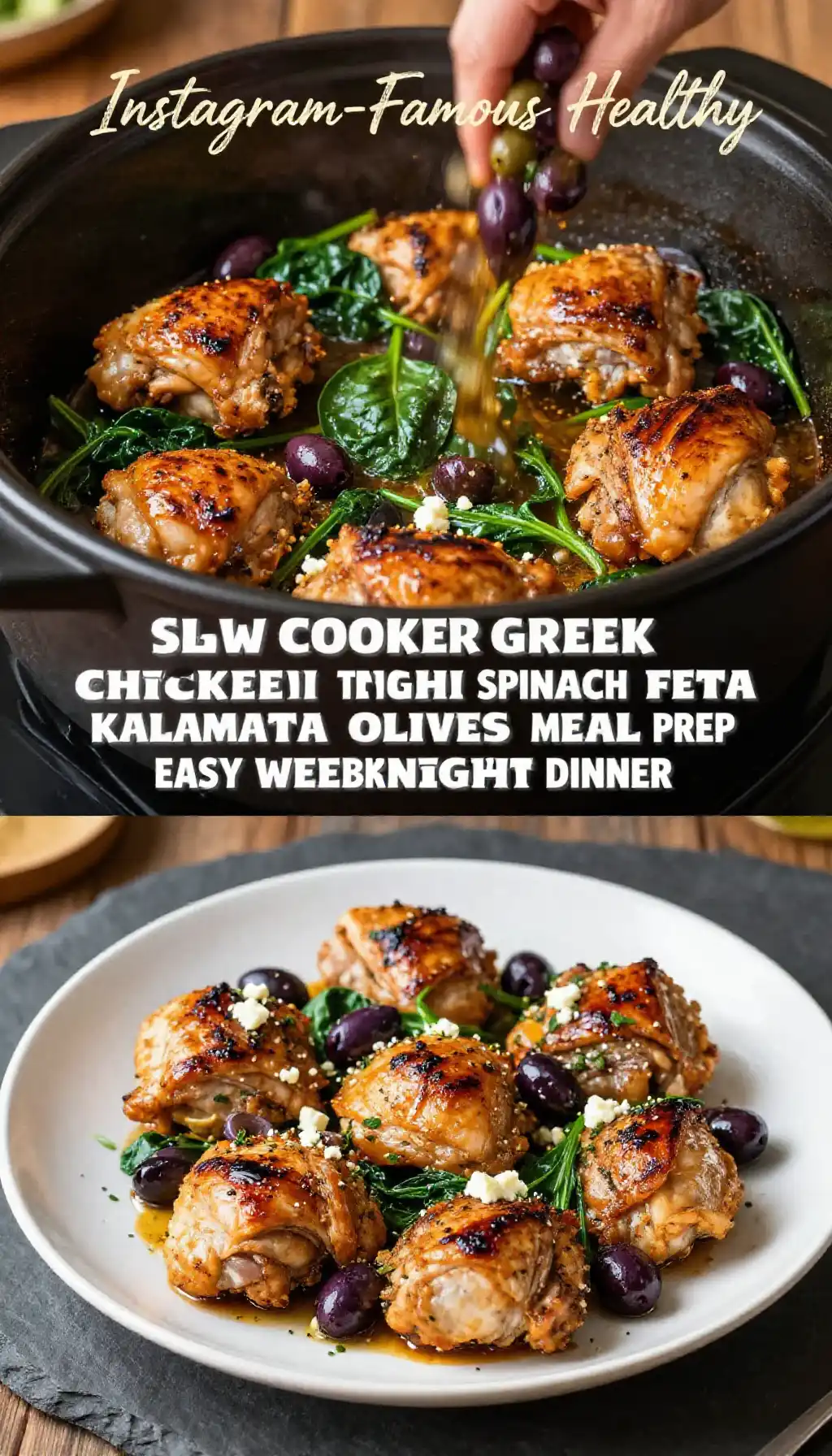 Instagram-Famous Healthy Slow Cooker Greek Chicken Thighs Spinach Feta Kalamata Olives Meal Prep Easy Weeknight Dinner pinterest pin