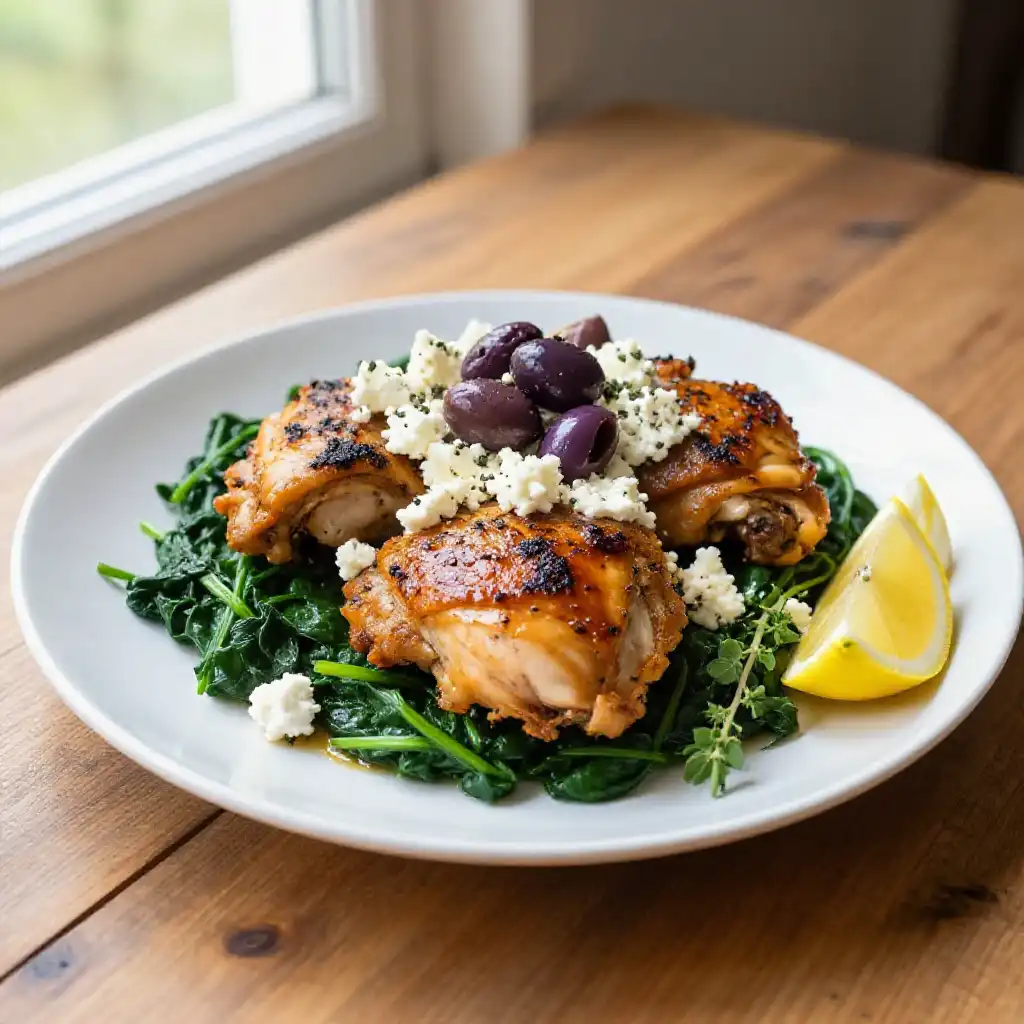 Instagram-Famous Healthy Slow Cooker Greek Chicken Thighs Spinach Feta Kalamata Olives Meal Prep Easy Weeknight Dinner plated dish