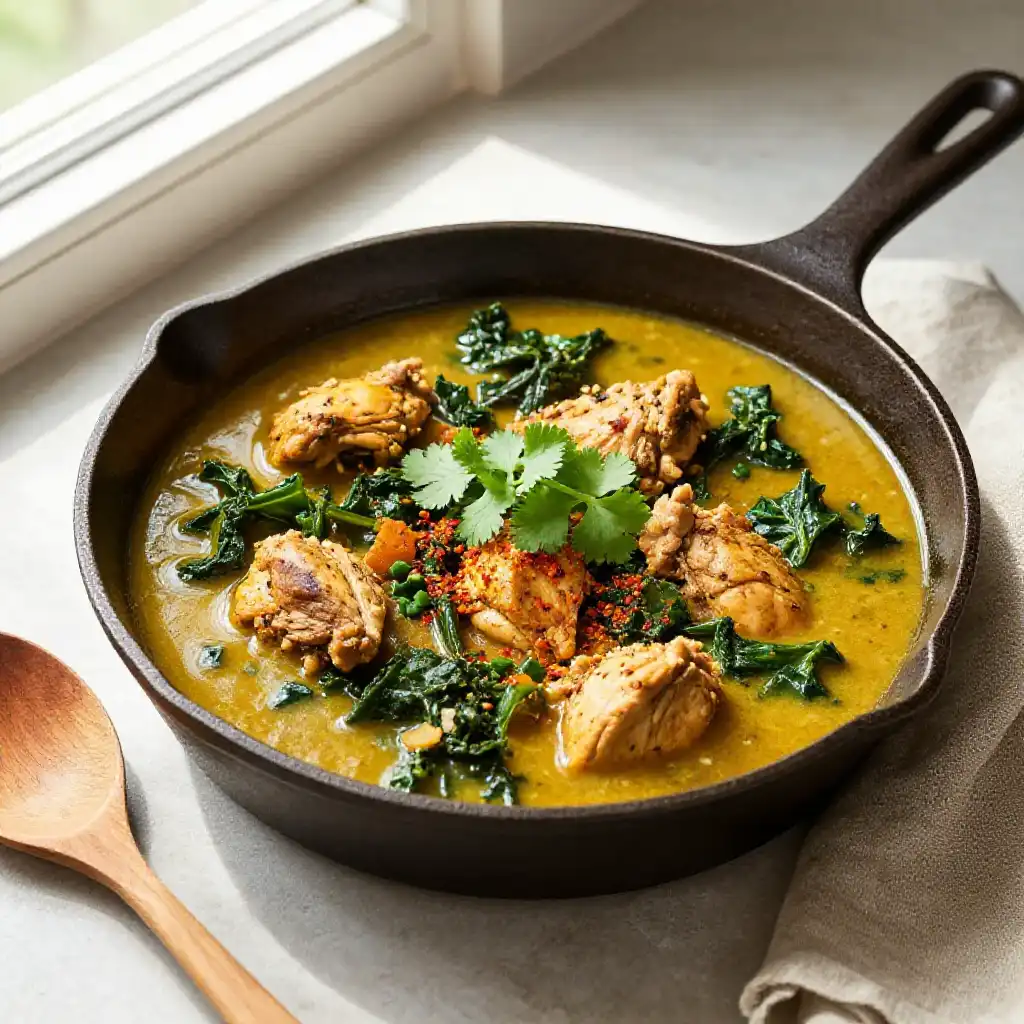 Instagram-Famous Indian Spiced Chicken & Kale Cast Iron Skillet Soup Easy One-Pan Meal Prep Healthy Comfort Food plated dish