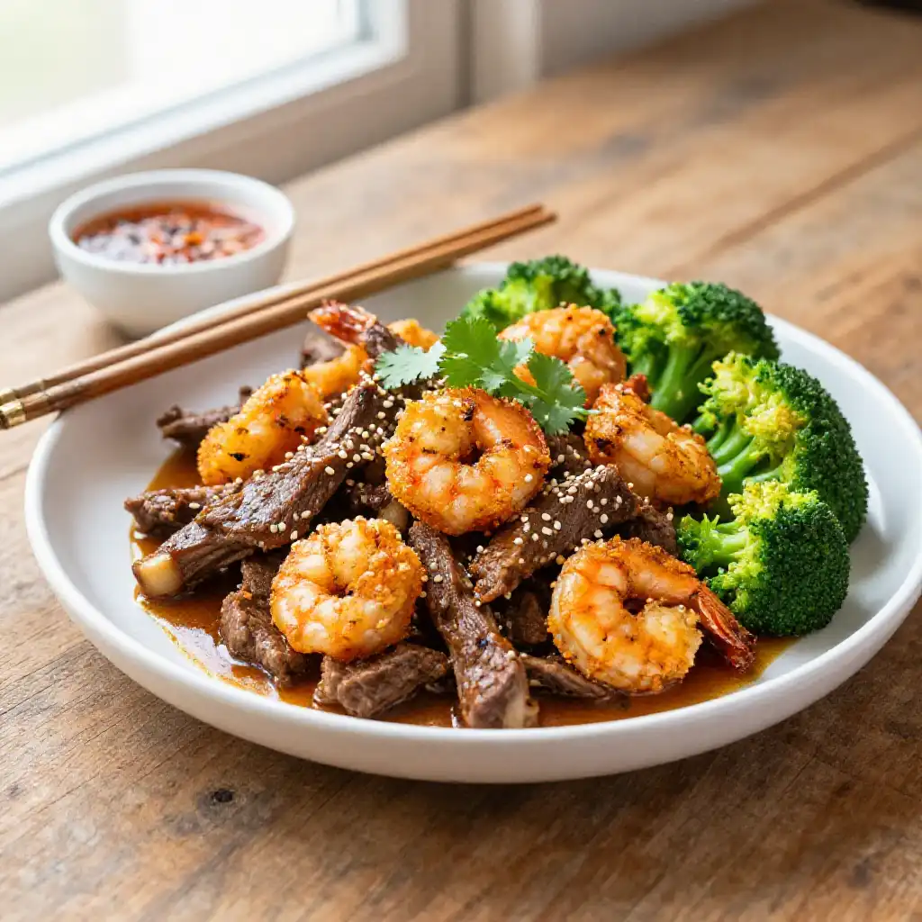 Instagram-Famous Middle Eastern Wok-Fried Lamb & Beef with Crispy Shrimp & Broccoli: Easy One-Pan Meal Prep for Busy Weeknights plated dish
