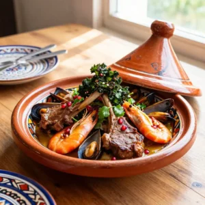 Step by step Instagram-Famous Moroccan Seafood & Lamb Chops with Crispy Kale One-Pan Stovetop Tagine Meal Prep