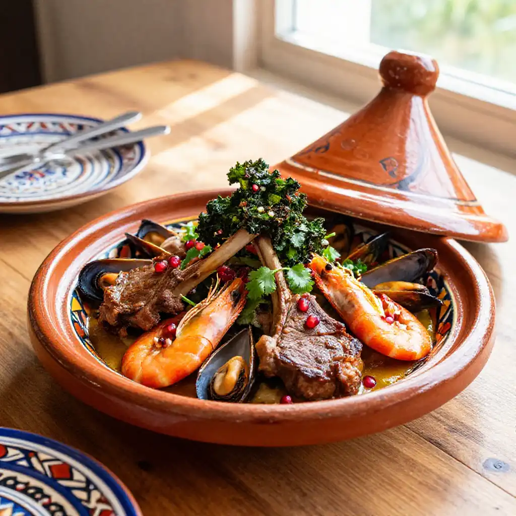 Instagram-Famous Moroccan Seafood & Lamb Chops with Crispy Kale One-Pan Stovetop Tagine Meal Prep plated dish