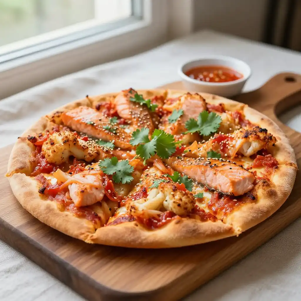 Instagram-Famous Pan-Fried Asian Fusion Salmon Kimchi Cauliflower Pizza plated dish