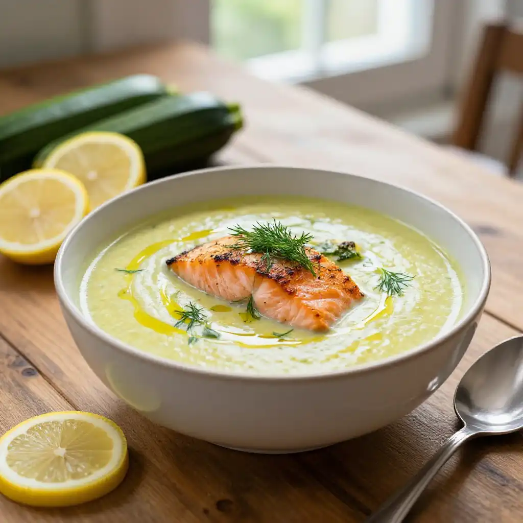 Instagram-Famous Roasted Salmon Zucchini Soup Italian Easy Meal Prep Healthy One-Pan plated dish