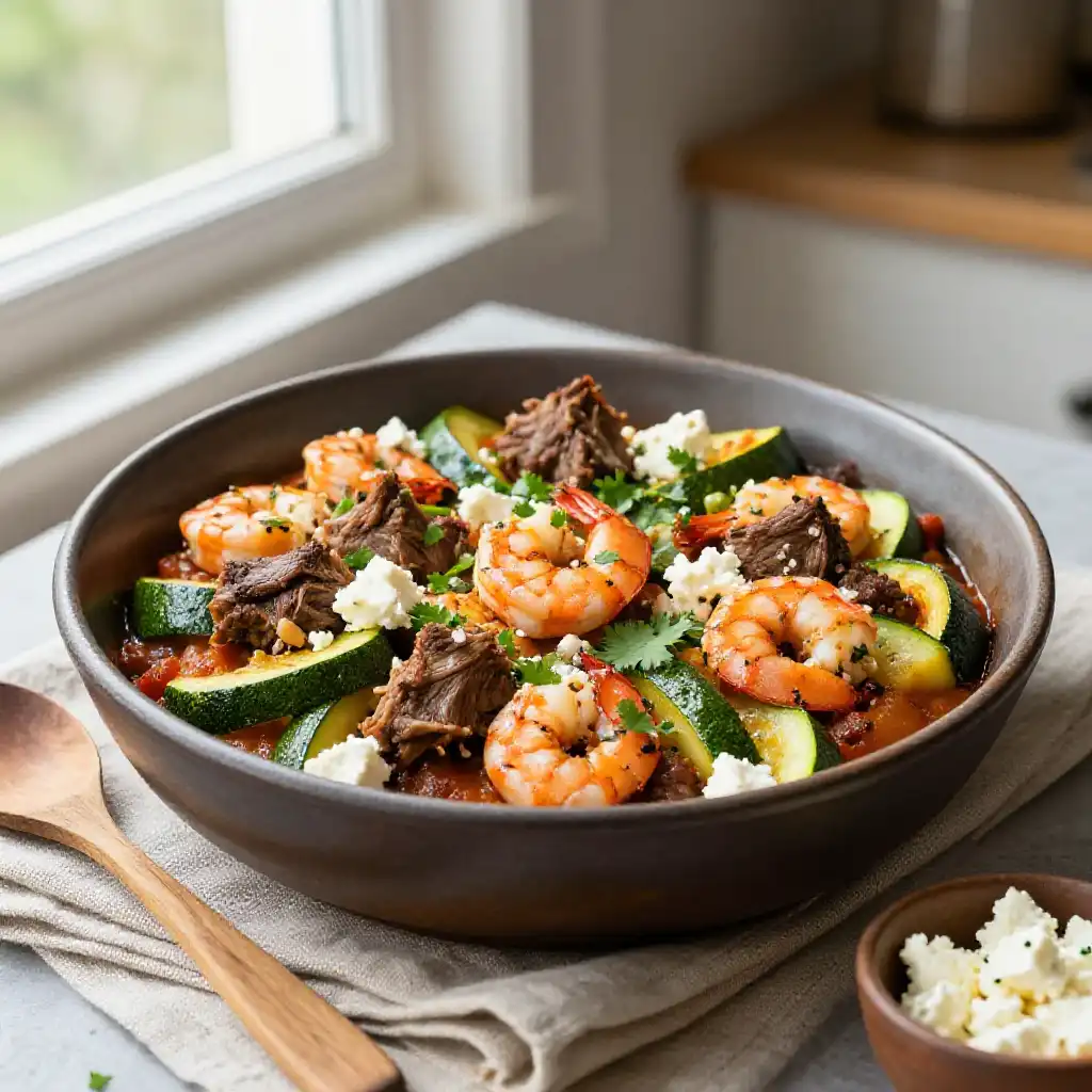 Instagram-Famous Slow Cooker Moroccan Lamb Shrimp Tagine Zucchini Feta Meal Prep plated dish