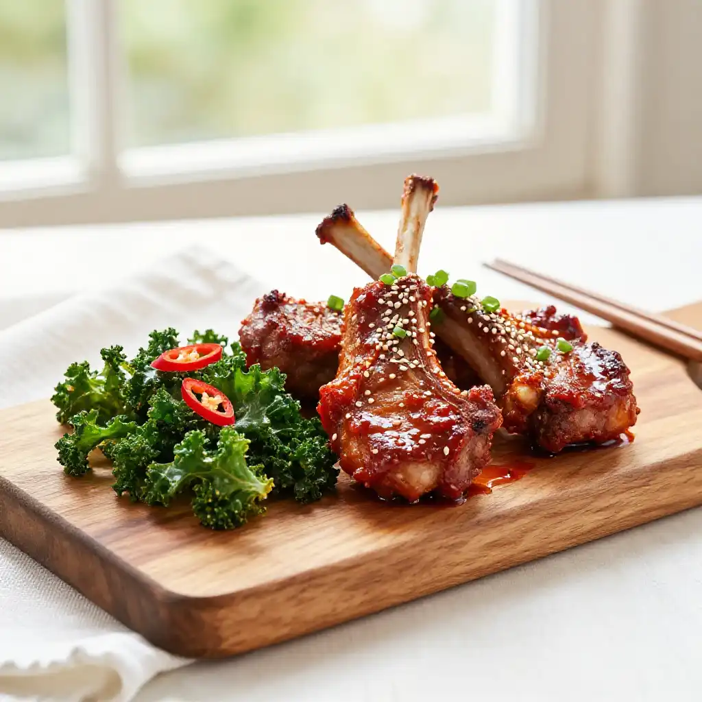 Instagram-Famous Spicy Gochujang Lamb Chops & Crispy Kale Stir-Fry: Flavor-Bomb Weeknight Wonder - Easy Stovetop Asian Fusion Meal Prep plated dish
