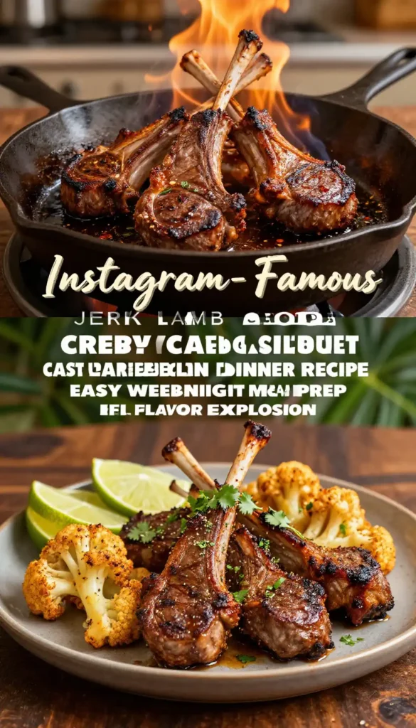 Instagram-Famous sticky jerk lamb chops crispy cauliflower cast iron skillet Caribbean dinner recipe easy weeknight meal prep flavor explosion