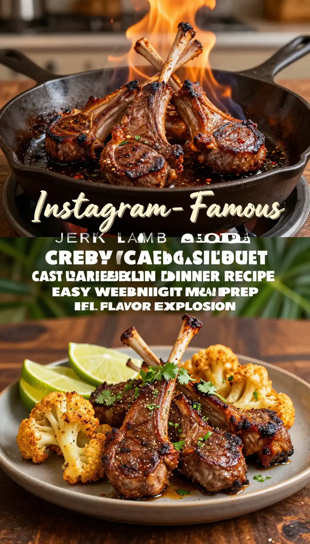 Instagram-Famous sticky jerk lamb chops crispy cauliflower cast iron skillet Caribbean dinner recipe easy weeknight meal prep flavor explosion