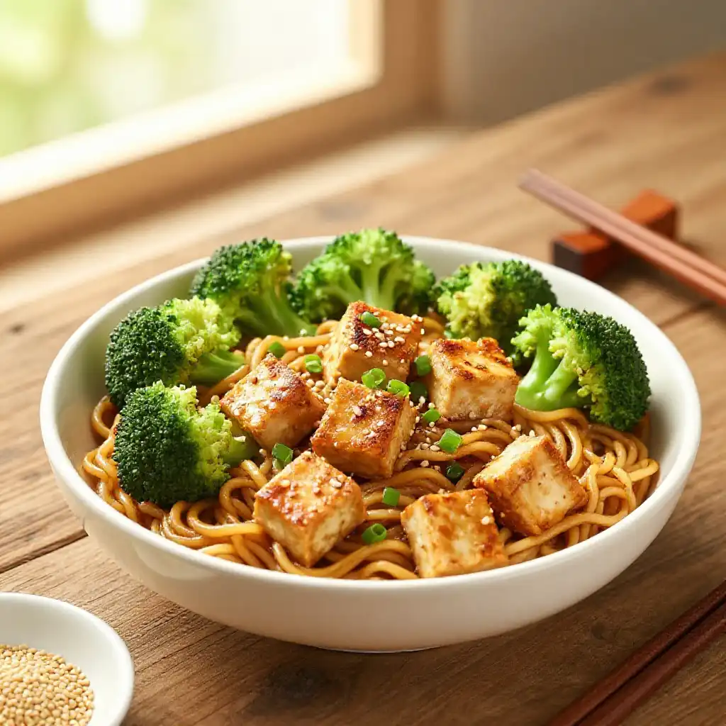 Instant Pot Japanese Miso Tofu Broccoli Noodles Meal Prep Better Than Takeout Easy Weeknight plated dish
