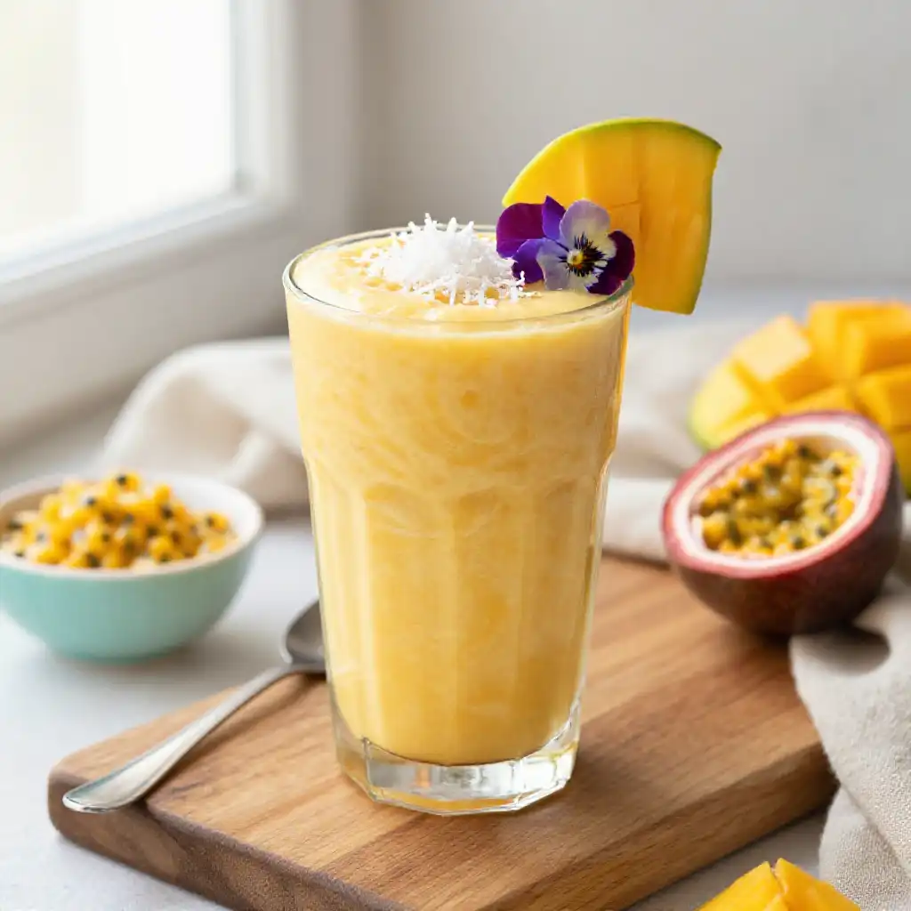 Mango Passionfruit Coconut Bliss Smoothie plated dish