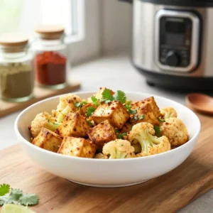 Step by step Pressure Cooker Indian Spiced Tofu Cauliflower Meal Prep Easy Weeknight Dinner Plant-Based