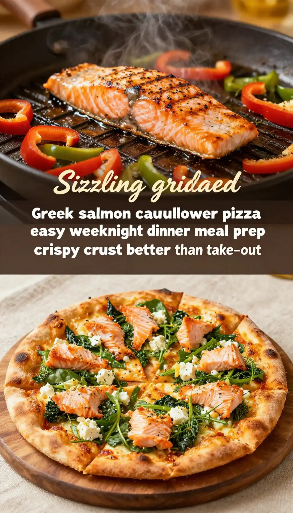 Sizzling grilled Greek salmon cauliflower pizza easy weeknight dinner meal prep crispy crust better than takeout