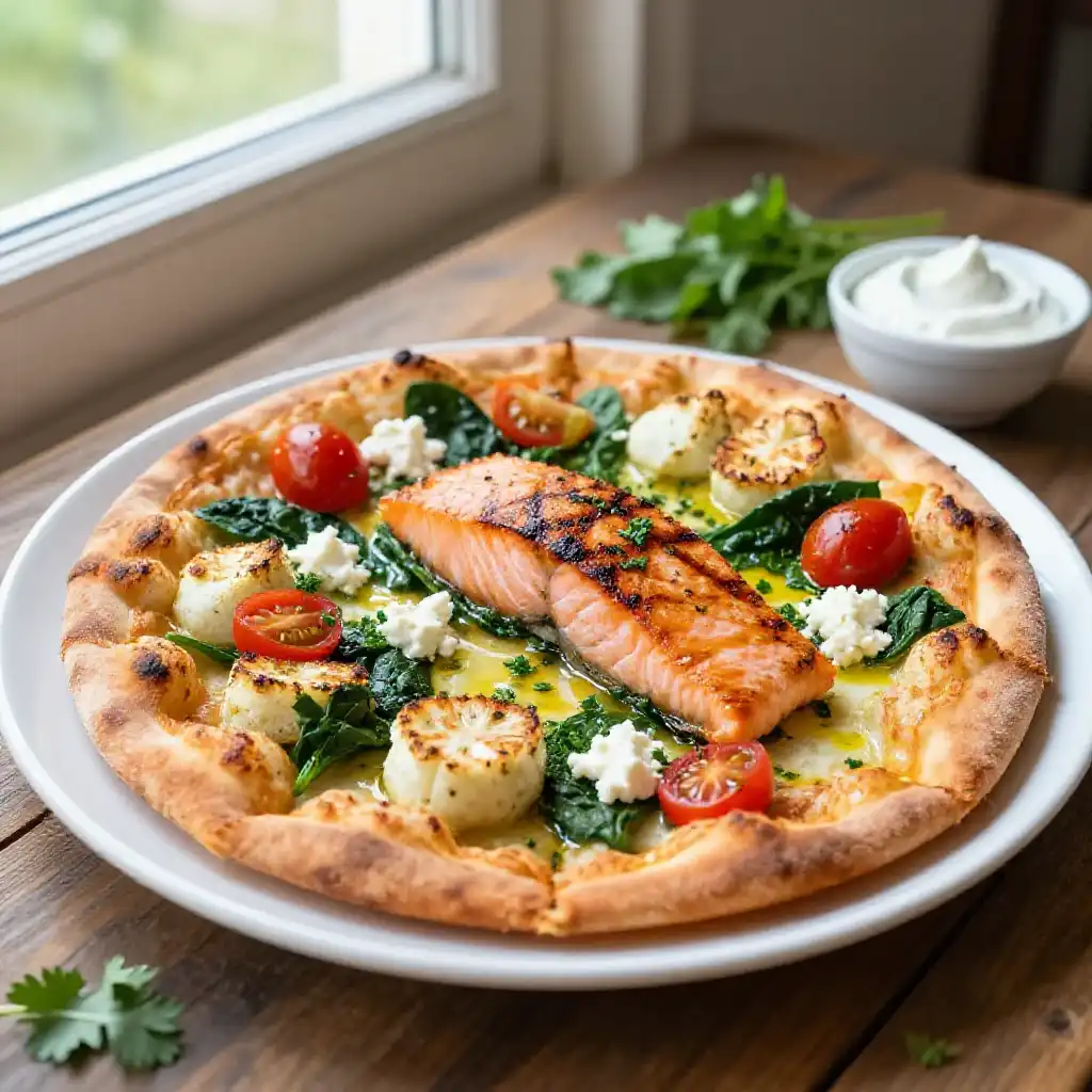 Sizzling Grilled Greek Salmon Cauliflower Pizza plated dish