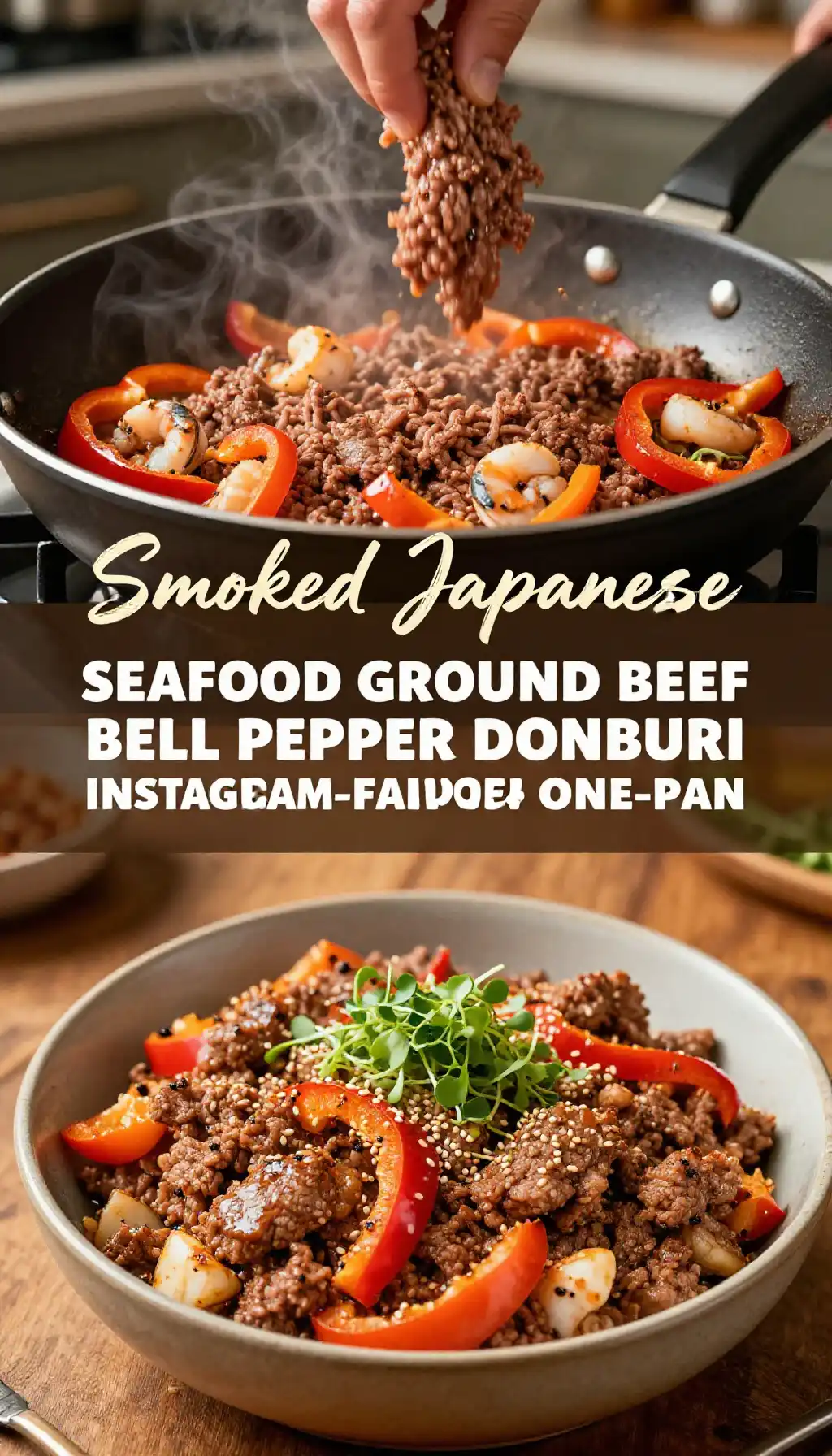 Smoked Japanese Seafood Ground Beef Bell Pepper Donburi Instagram-Famous Meal Prep One-Pan pinterest pin
