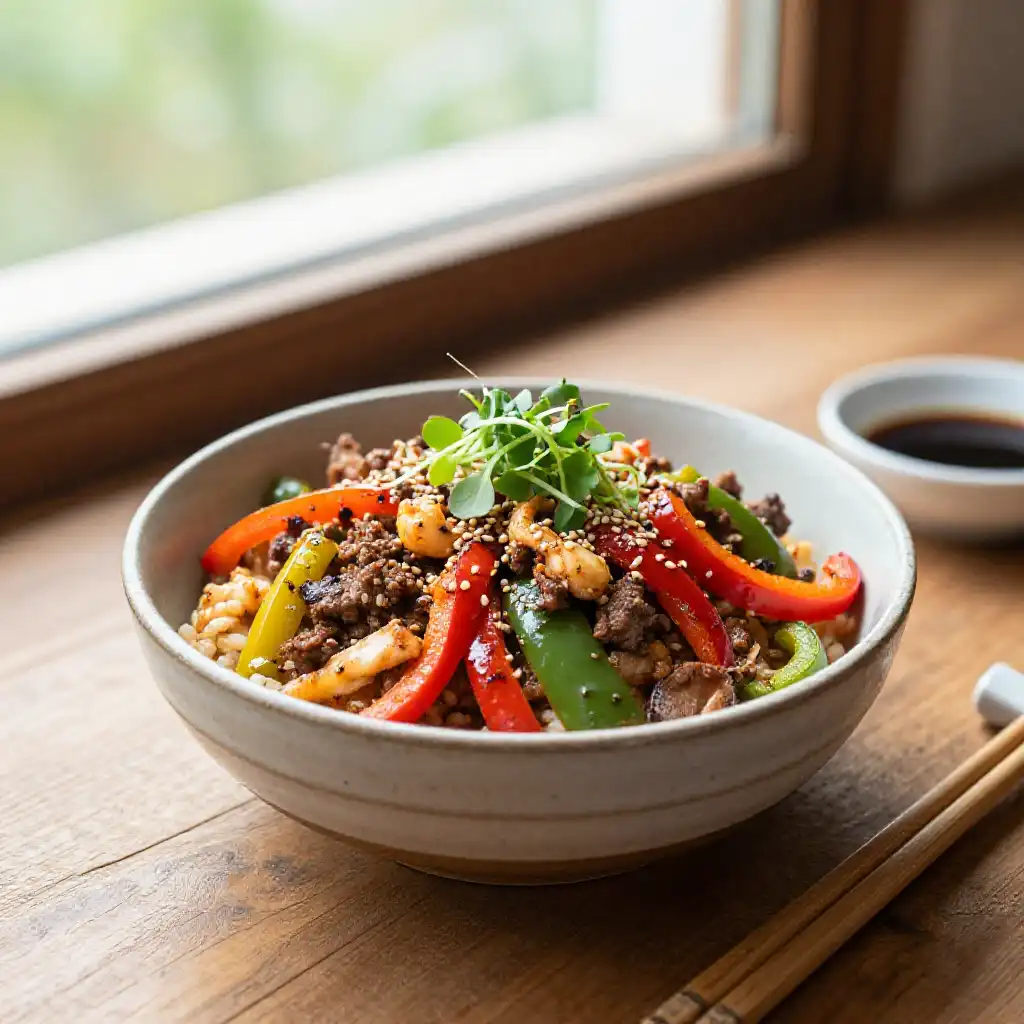 Smoked Japanese Seafood Ground Beef Bell Pepper Donburi Instagram-Famous Meal Prep One-Pan plated dish