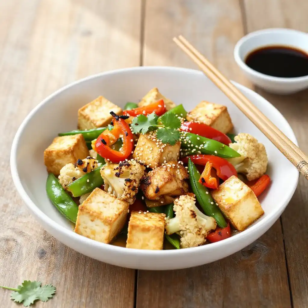 Smoky Japanese Tofu & Cauliflower 'Chicken' Better Than Takeout One-Pan Meal Prep plated dish