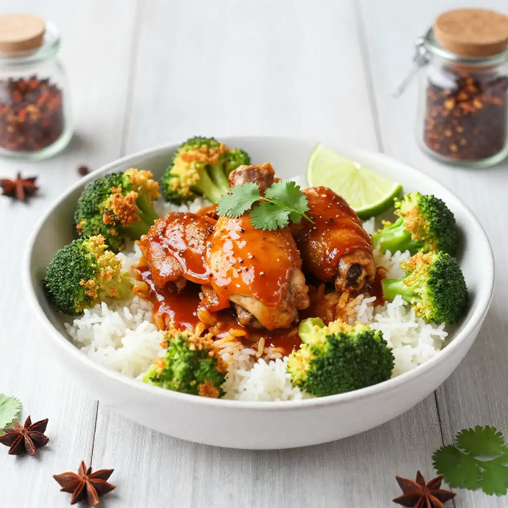 Thai Braised Chicken Thighs with Crispy Broccoli One-Pan Meal Prep plated dish