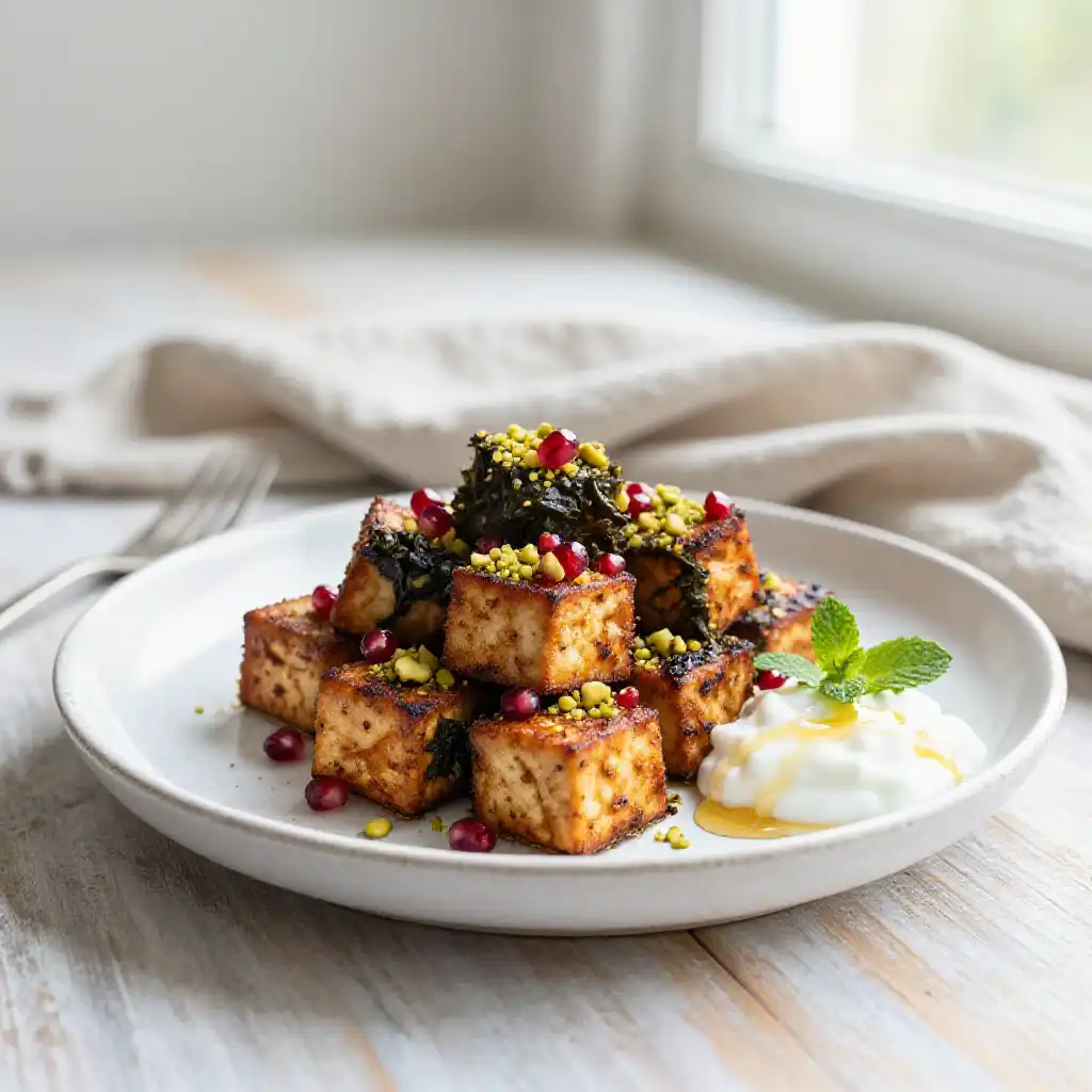 Viral TikTok Indian-Spiced Broiled Tofu Kale Dessert Bites Healthy Sweet Treat plated dish