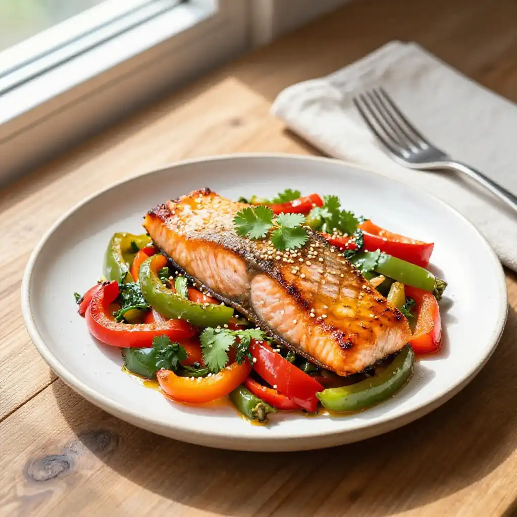 Viral TikTok Moroccan Spiced Salmon & Bell Pepper Stir-Fry: Easy One-Pan Weeknight Dinner Meal Prep plated dish