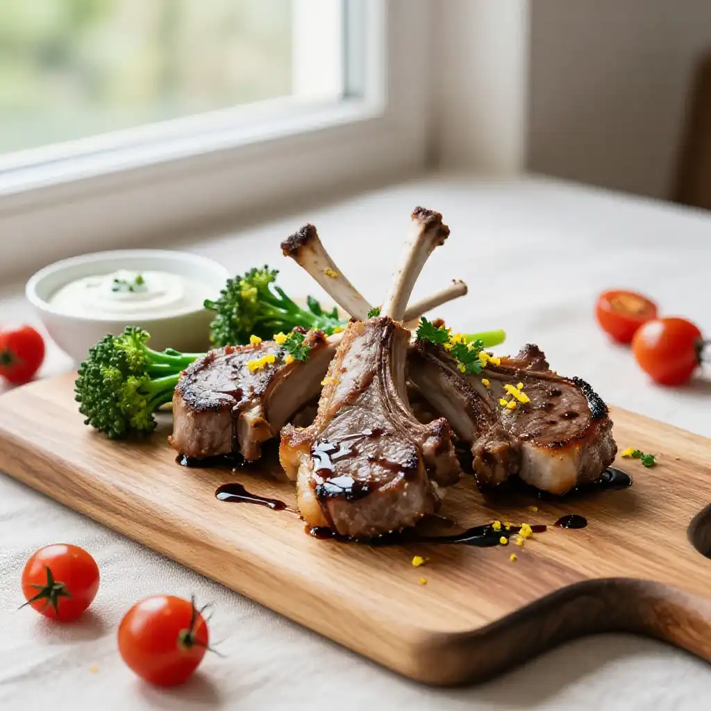 Wok-Fried Mediterranean Lamb Chops & Broccolini plated dish
