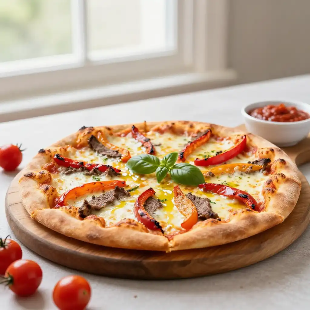 Addictively Good Broiled Italian Ground Beef & Bell Pepper Pizza plated dish