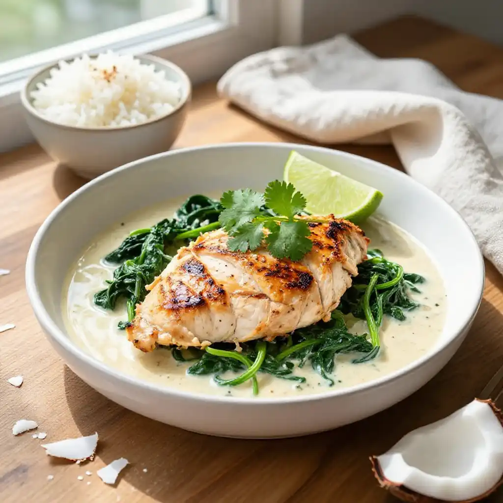 Addictively Good Caribbean Coconut Chicken Breast and Spinach Skillet plated dish