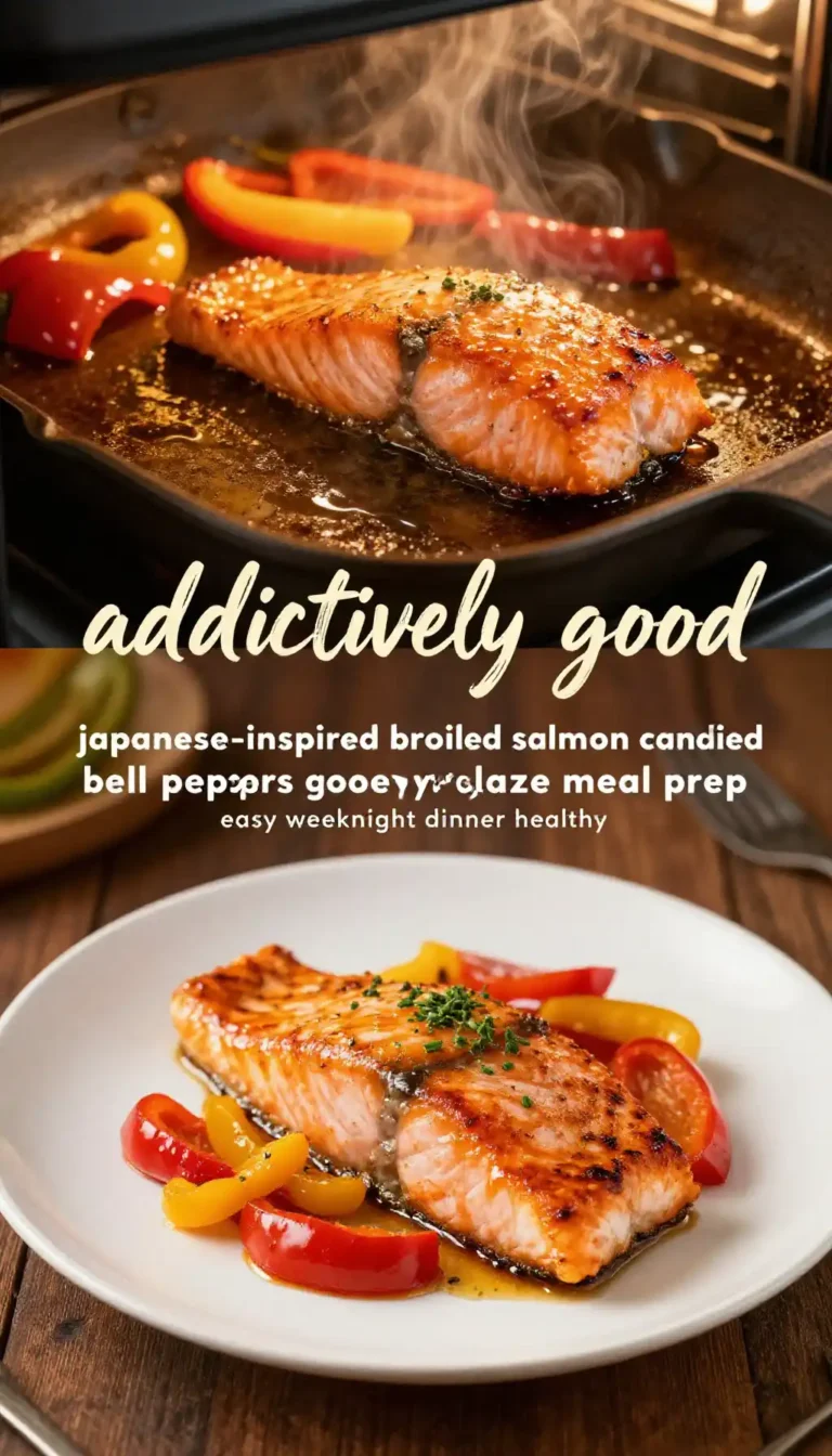 addictively good japanese-inspired broiled salmon candied bell peppers gooey glaze meal prep easy weeknight dinner healthy