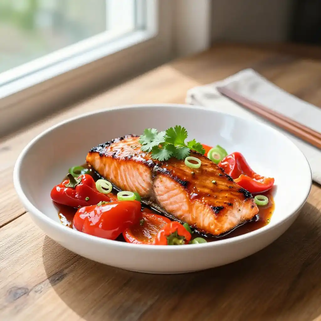 Addictively Good Japanese-Inspired Broiled Salmon with Candied Bell Peppers and Gooey Glaze plated dish