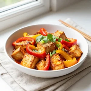 Step by step addictively good roasted korean gochujang tofu bell pepper one-pan meal prep healthy comfort food weeknight dinner