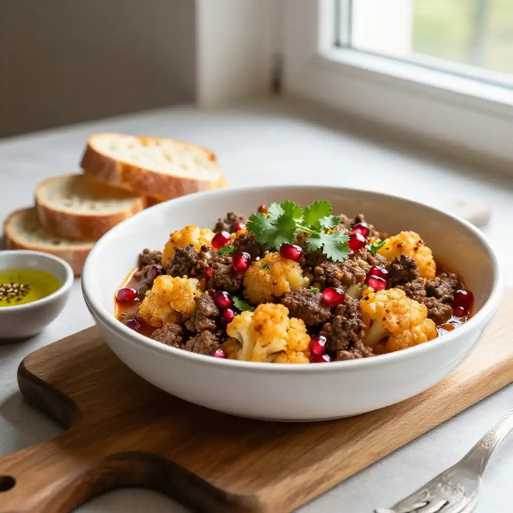 Addictively Good Slow Cooker Middle Eastern Ground Beef and Cauliflower Tagine plated dish