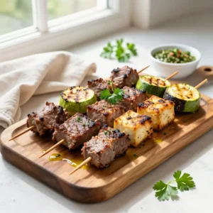Step by step addictively good spanish grilled lamb beef tofu zucchini skewers easy meal prep