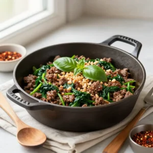 Step by step addictively good thai basil ground beef & spinach dutch oven meal prep