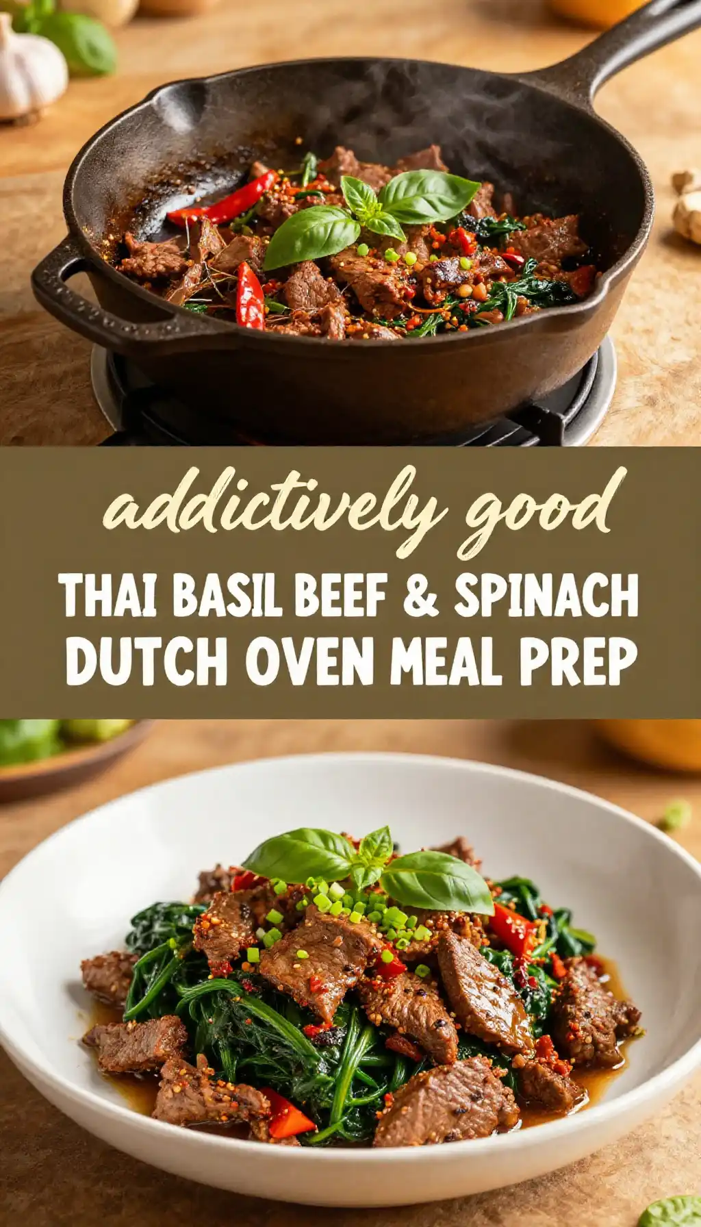 addictively good thai basil ground beef & spinach dutch oven meal prep