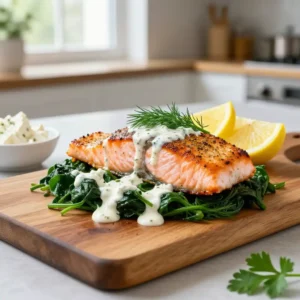 Step by step addictively good turkish-spiced salmon spinach baked creamy feta easy weeknight dinner healthy meal prep one-pan