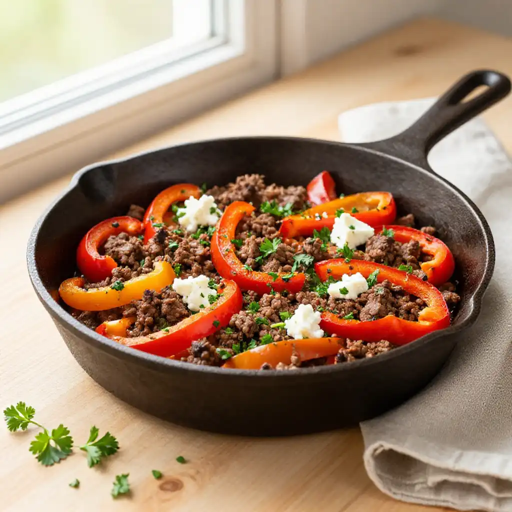 Addictively Good Tuscan Ground Beef and Bell Pepper Skillet plated dish