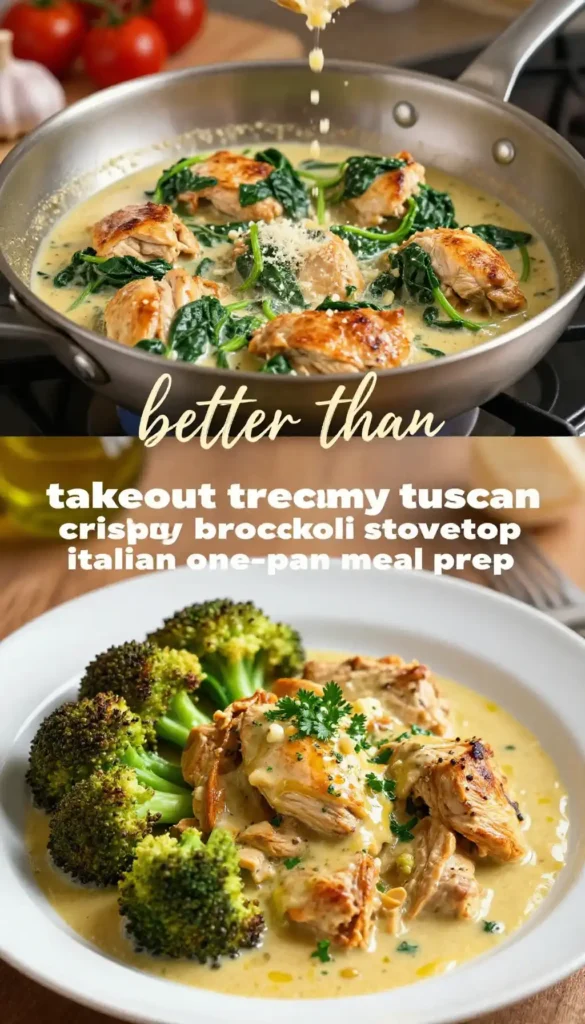 better than takeout creamy tuscan chicken crispy broccoli stovetop italian one-pan meal prep