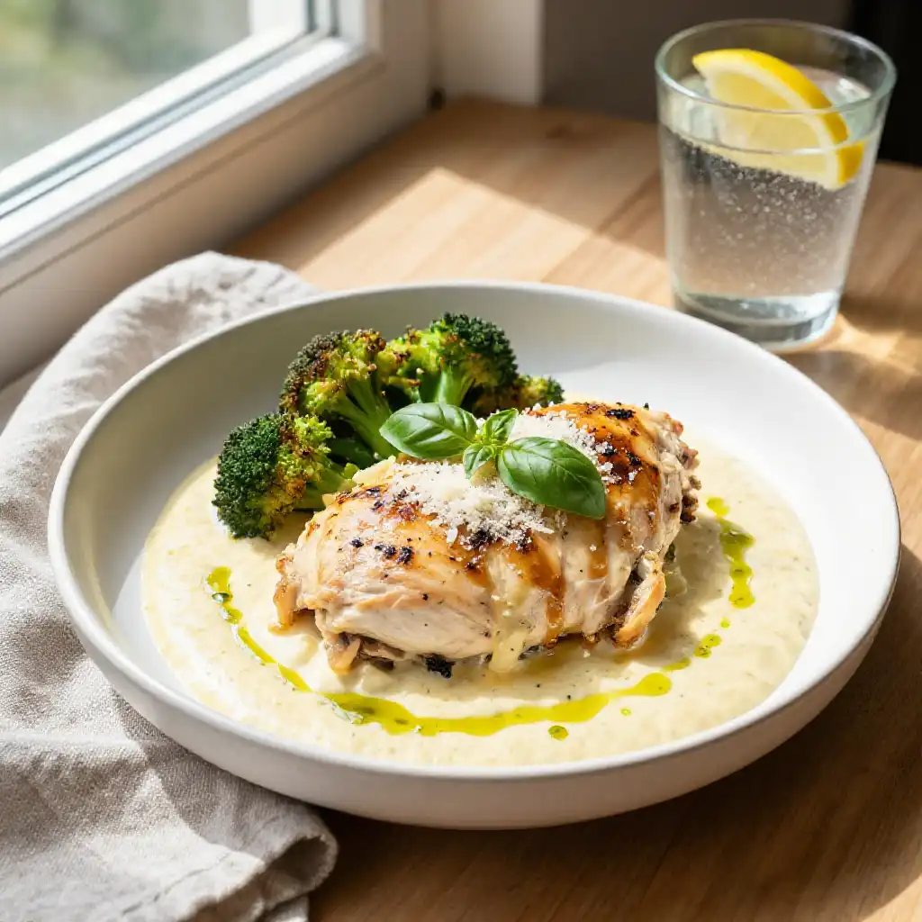 Better Than Takeout Creamy Tuscan Chicken with Crispy Broccoli (One-Pan Stovetop Meal Prep) plated dish