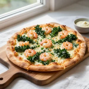 Step by step better than takeout creamy tuscan shrimp kale stovetop pizza easy weeknight dinner meal prep crispy crust gooey loaded