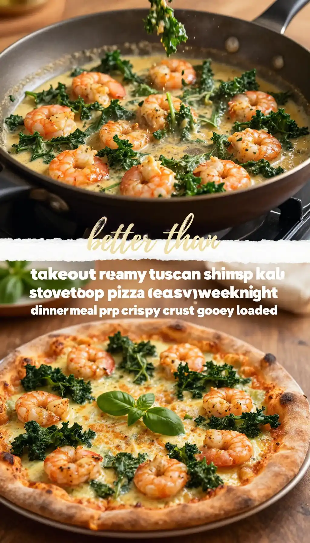 better than takeout creamy tuscan shrimp kale stovetop pizza easy weeknight dinner meal prep crispy crust gooey loaded