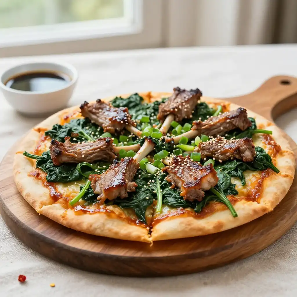 Better Than Takeout Sticky Asian Lamb Chop Spinach Sheet Pan Pizza plated dish