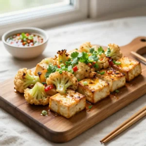 Step by step budget-friendly grilled Vietnamese tofu and cauliflower sheet pan meal prep