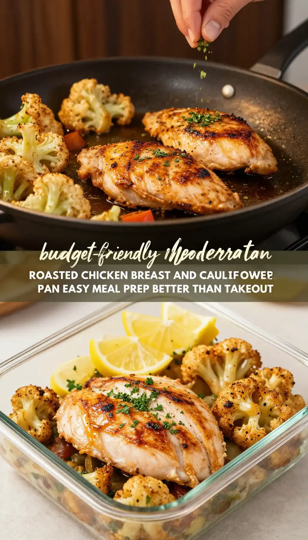Budget-Friendly Mediterranean Roasted Chicken Breast and Cauliflower Sheet Pan Easy Meal Prep pinterest pin