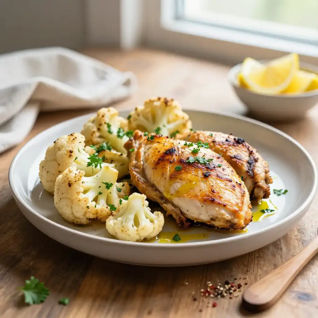 Budget-Friendly Mediterranean Roasted Chicken Breast and Cauliflower Sheet Pan Easy Meal Prep plated dish