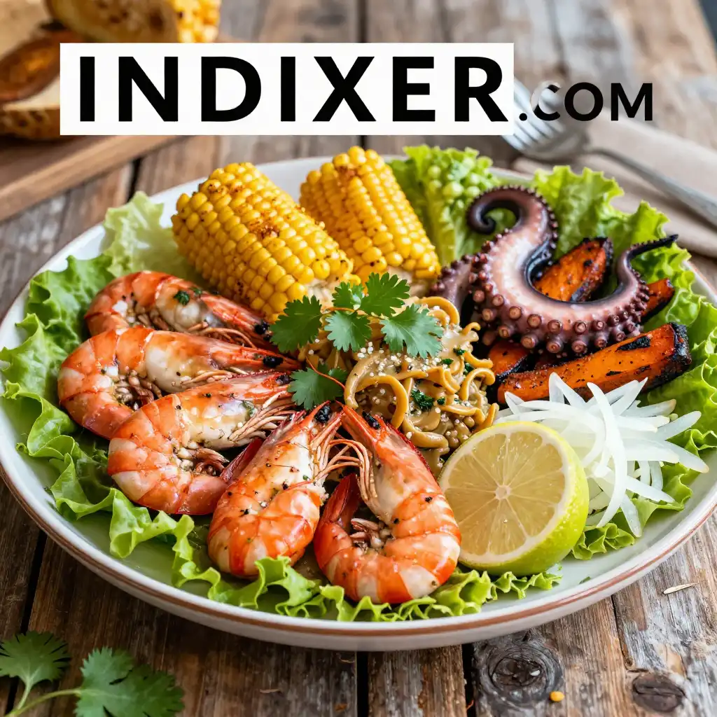 Ceviche Mixto de Camarones y Pulpo Fresco en un plato blanco, decorado con maíz tostado y hojas de cilantro fresco, servido en una mesa al aire libre.